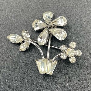 Small Vintage Phyllis Sterling Silver Clear Rhinestone Flower Pot Brooch Pin